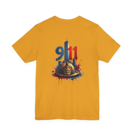 9/11 Firefighter Memorial Tee — Tribute T-Shirt with Helmet & Twin Towers Design