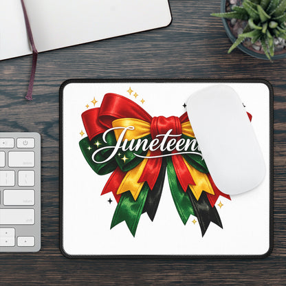 Juneteenth Decorative Gaming Mouse Pad — Red, Green & Gold Celebration Bow Design