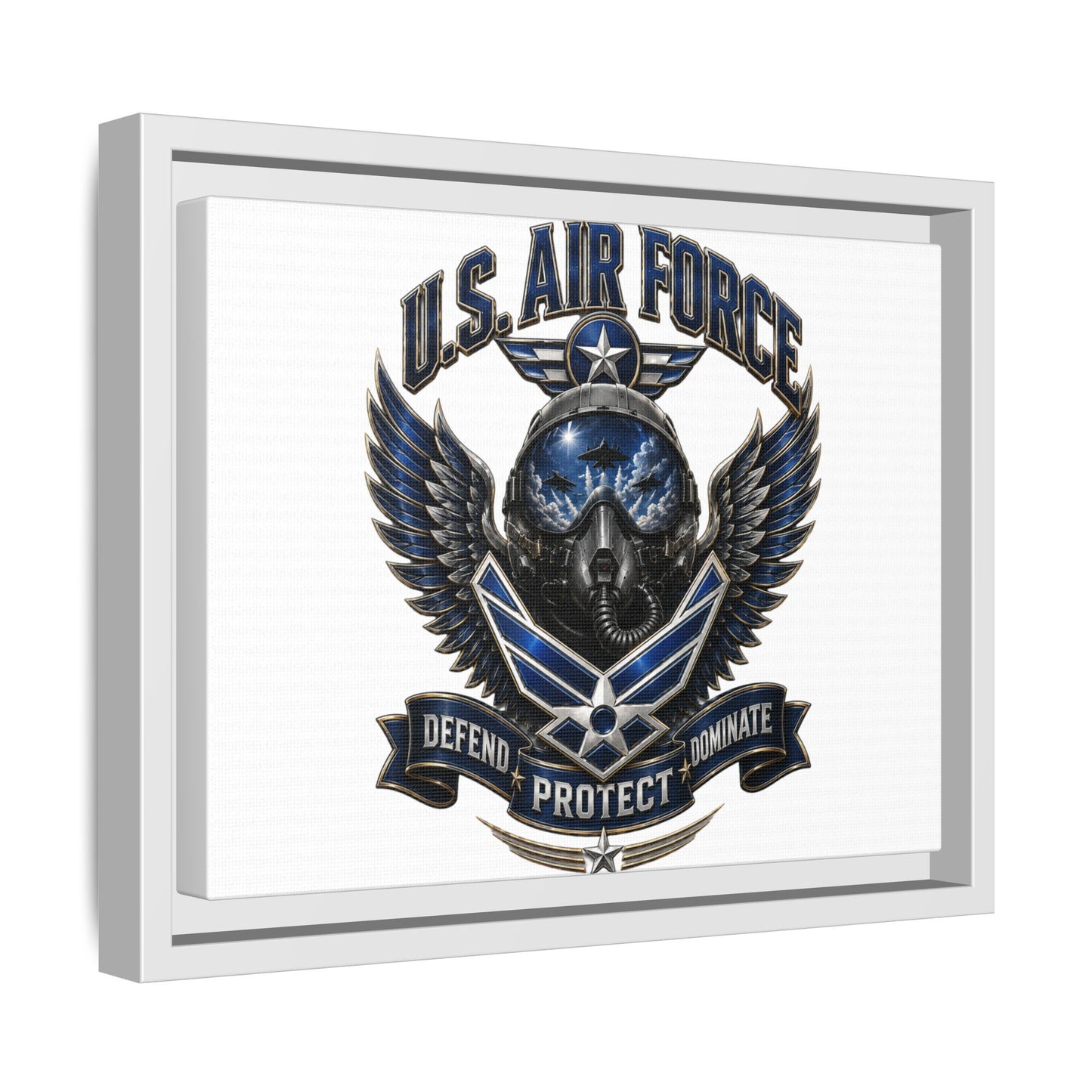 U.S. Air Force Emblem Framed Canvas Print – "Defend Protect Dominate" Military Wall Art