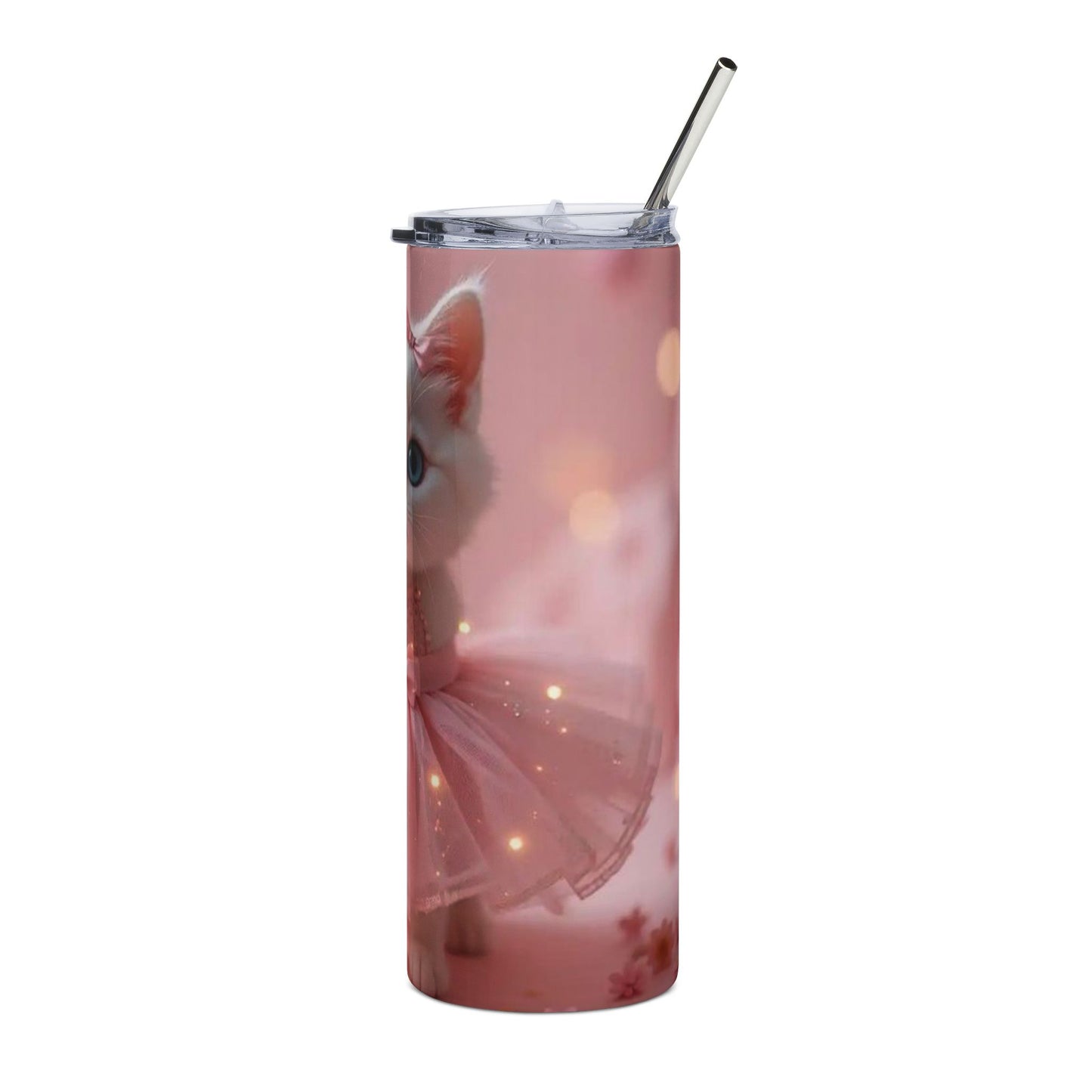 20oz Cat Tumbler — Cute White Kitten in Pink Dress Stainless Steel Travel Cup