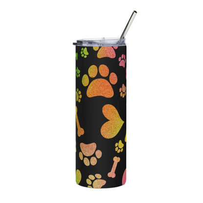 20oz Paw Print Stainless Steel Tumbler — Colorful Hearts, Paws & Bones Travel Cup