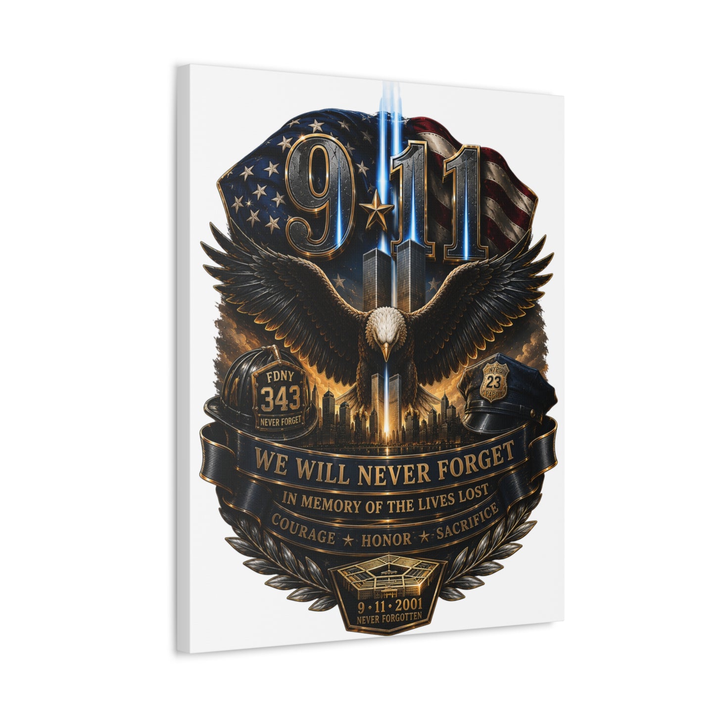 9/11 Memorial Stretched Canvas – We Will Never Forget Tribute Wall Art