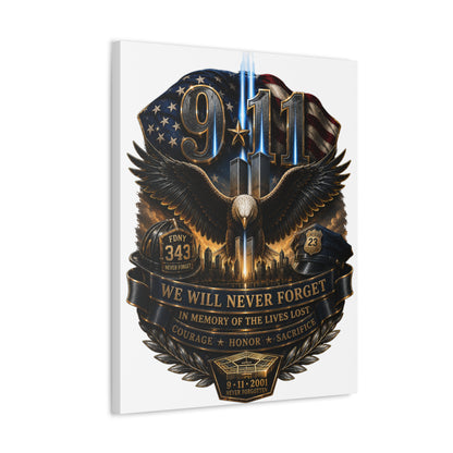 9/11 Memorial Stretched Canvas – We Will Never Forget Tribute Wall Art
