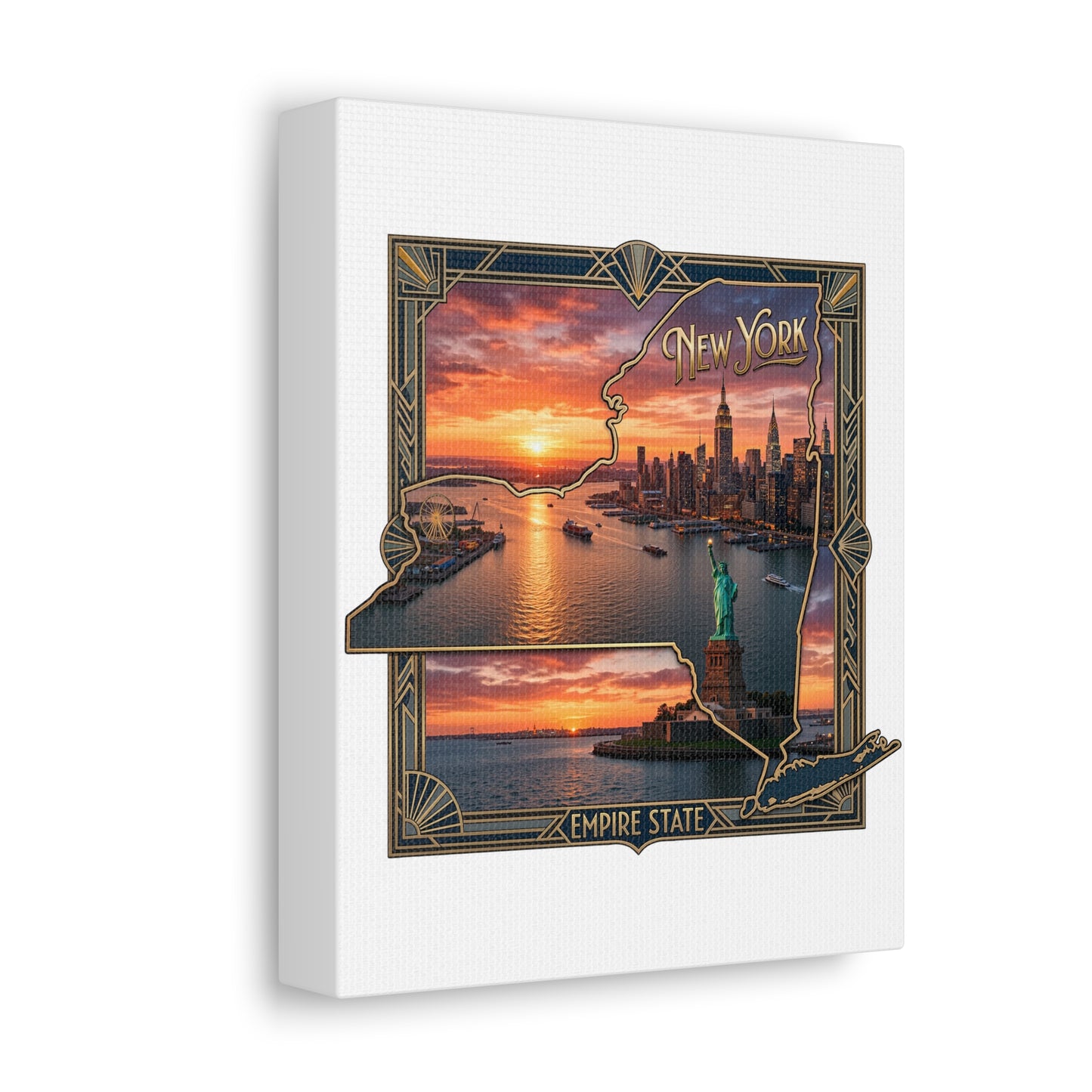 New York Sunset Stretched Canvas – Empire State Skyline with Statue of Liberty