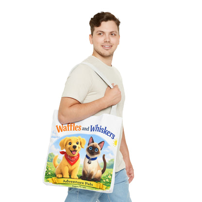 Waffles & Whiskers Adventure Pals Tote Bag — Cute Puppy and Kitten Kids Book Design