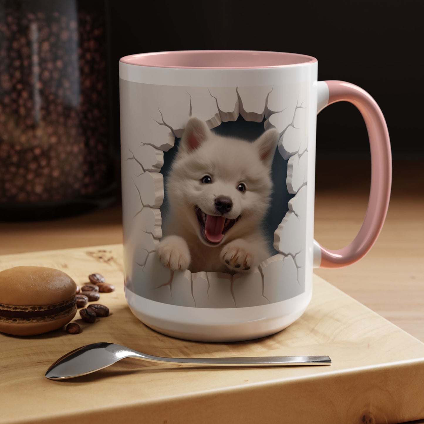 Cute Puppy Breaking Wall Accent Coffee Mug – Funny Smiling Dog Gift (11/15oz)