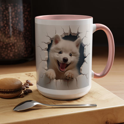 Cute Puppy Breaking Wall Accent Coffee Mug – Funny Smiling Dog Gift (11/15oz)