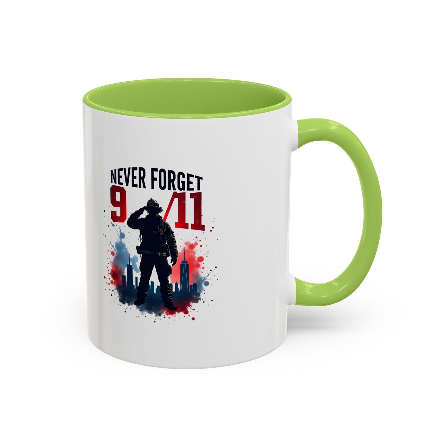 Never Forget 9/11 Accent Coffee Mug — Patriotic Memorial Tribute (11oz, 15oz)