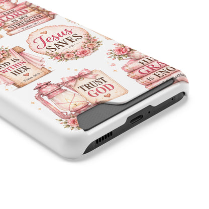 Christian Floral Phone Case with Card Holder — 'Jesus Saves' Inspirational Design