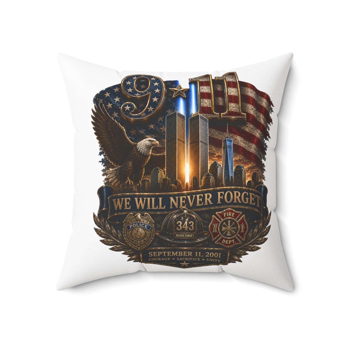 9/11 Memorial Square Pillow — "We Will Never Forget" Tribute