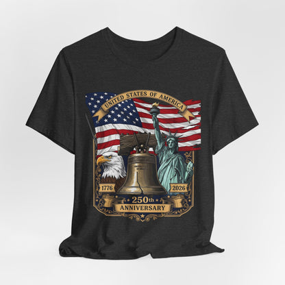 Patriotic 250th Anniversary T-Shirt - Liberty Bell, Bald Eagle & Statue of Liberty