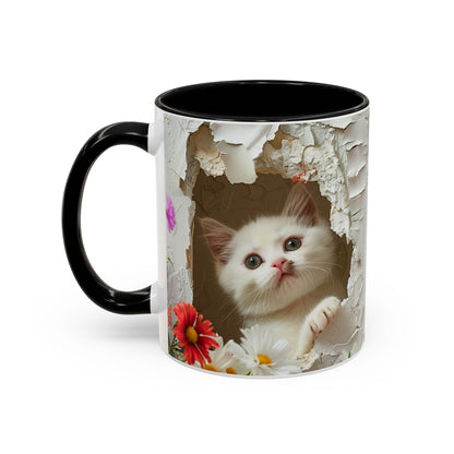 Peek-A-Boo Kitten Accent Coffee Mug — Cute Cat Floral Design (11/15oz)