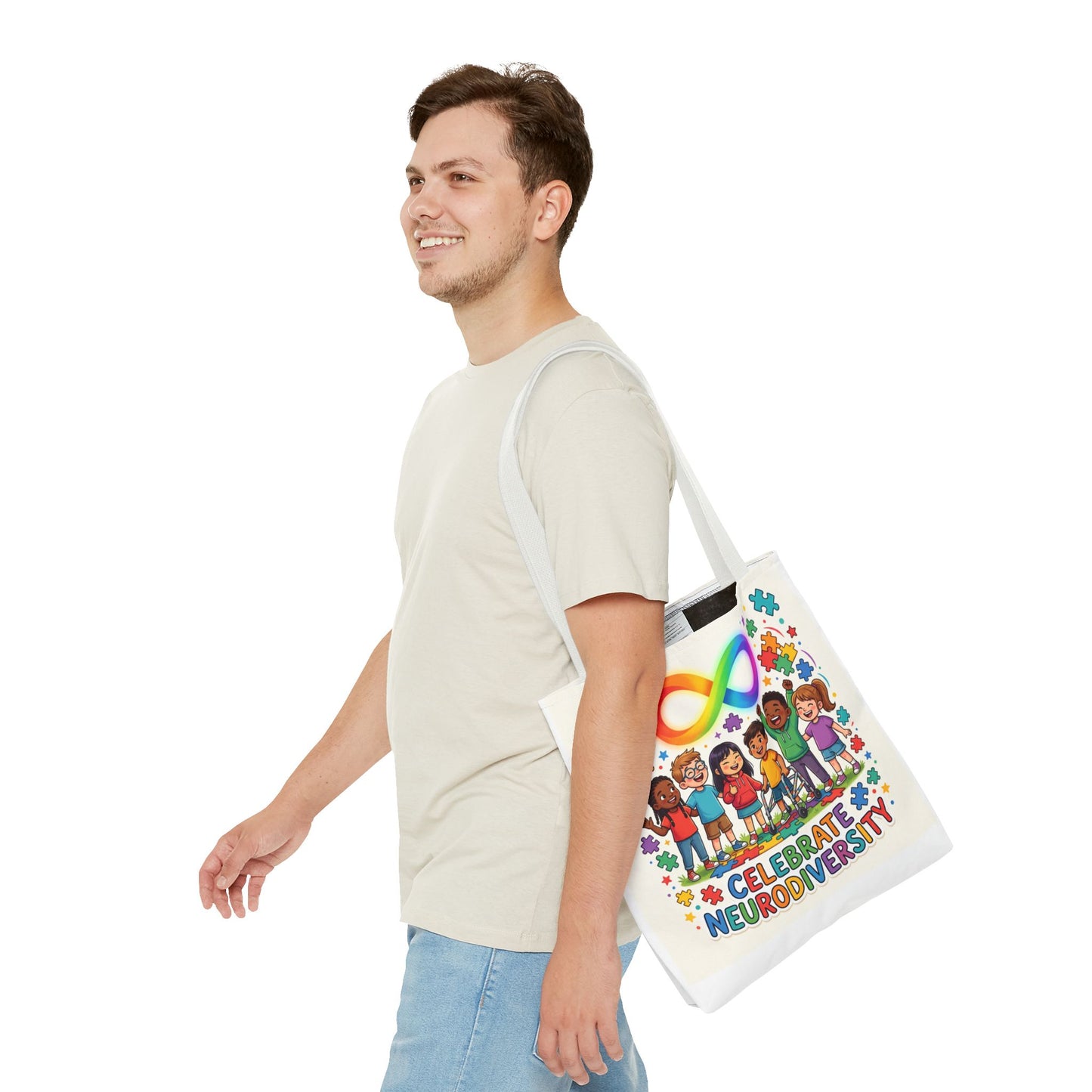 Celebrate Neurodiversity Tote Bag — Rainbow Infinity Symbol & Kids Design