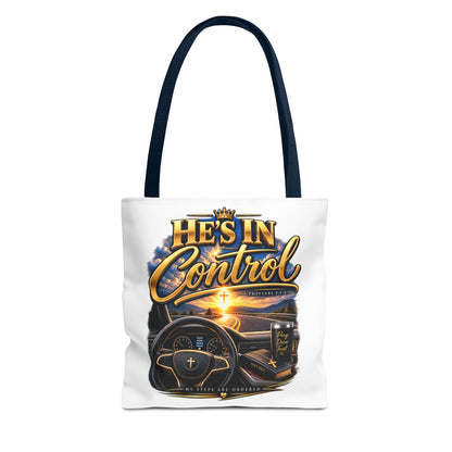He's In Control Christian Tote Bag — Faith-Inspired Inspirational Grocery & Daily Carry AOP