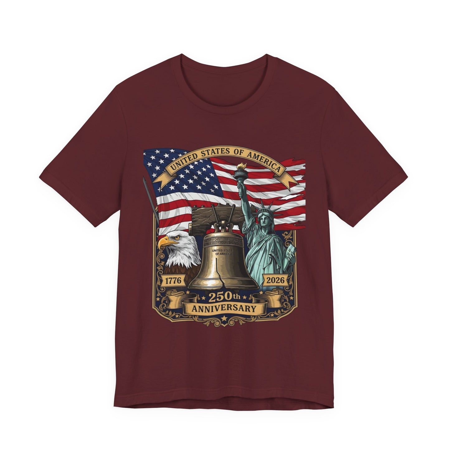 Patriotic 250th Anniversary T-Shirt - Liberty Bell, Bald Eagle & Statue of Liberty