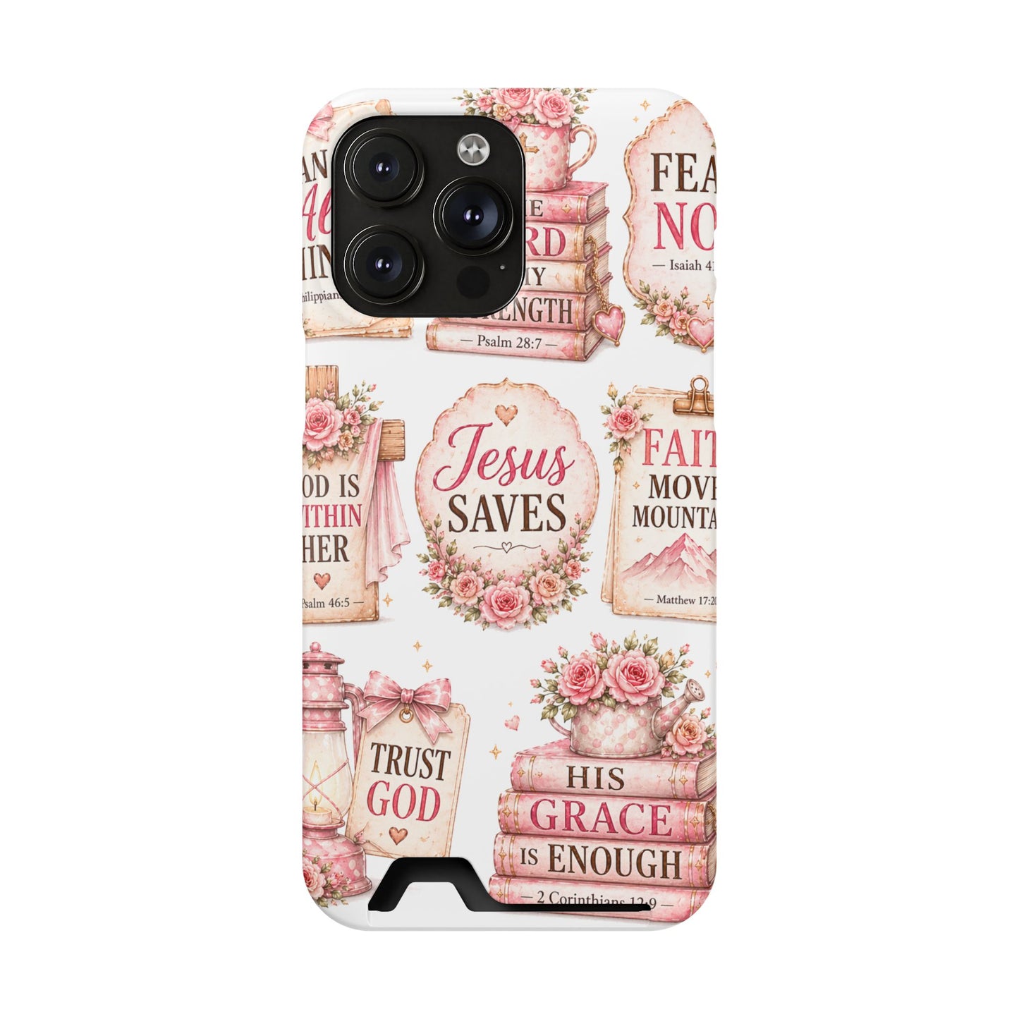 Christian Phone Case with Card Holder — 'Jesus Saves' Floral Scripture Design