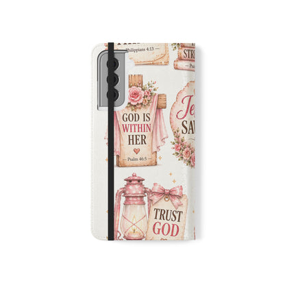 Christian Floral Phone Flip Case — "Jesus Saves" & Inspirational Scripture Wallet Cover
