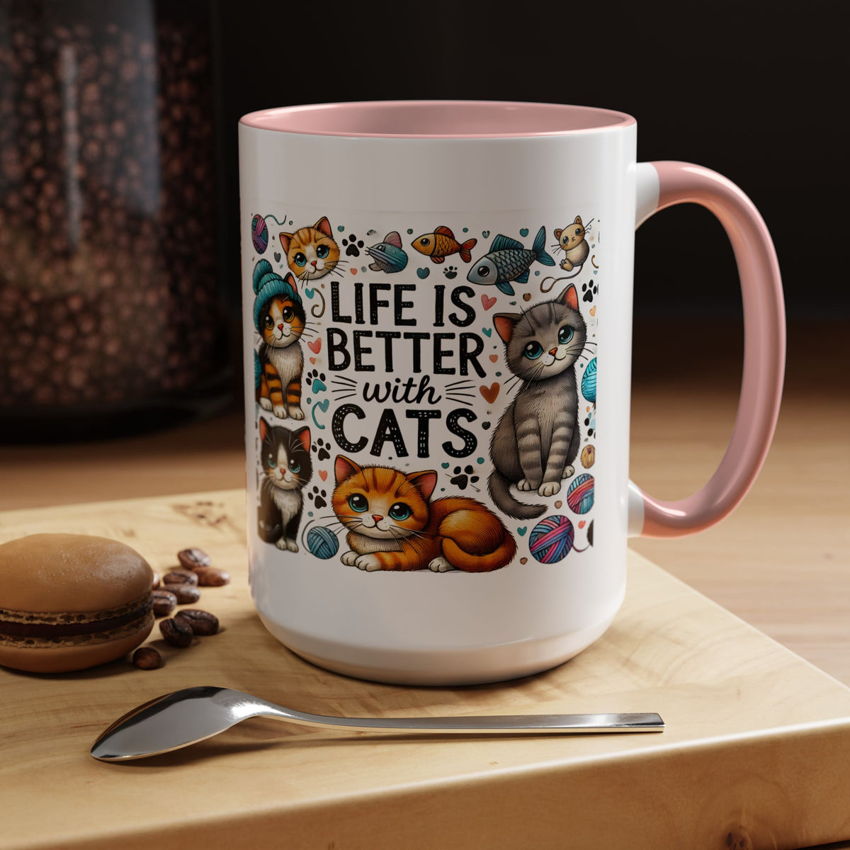 Life Is Better With Cats Accent Coffee Mug – Cute Kitten Ceramic Tea Cup (11/15oz)