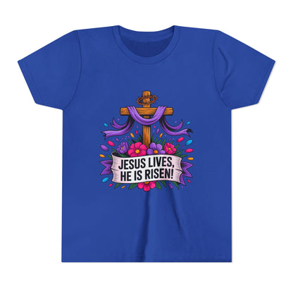 Youth Tee — "Jesus Lives, He Is Risen!" Easter Christian Tee