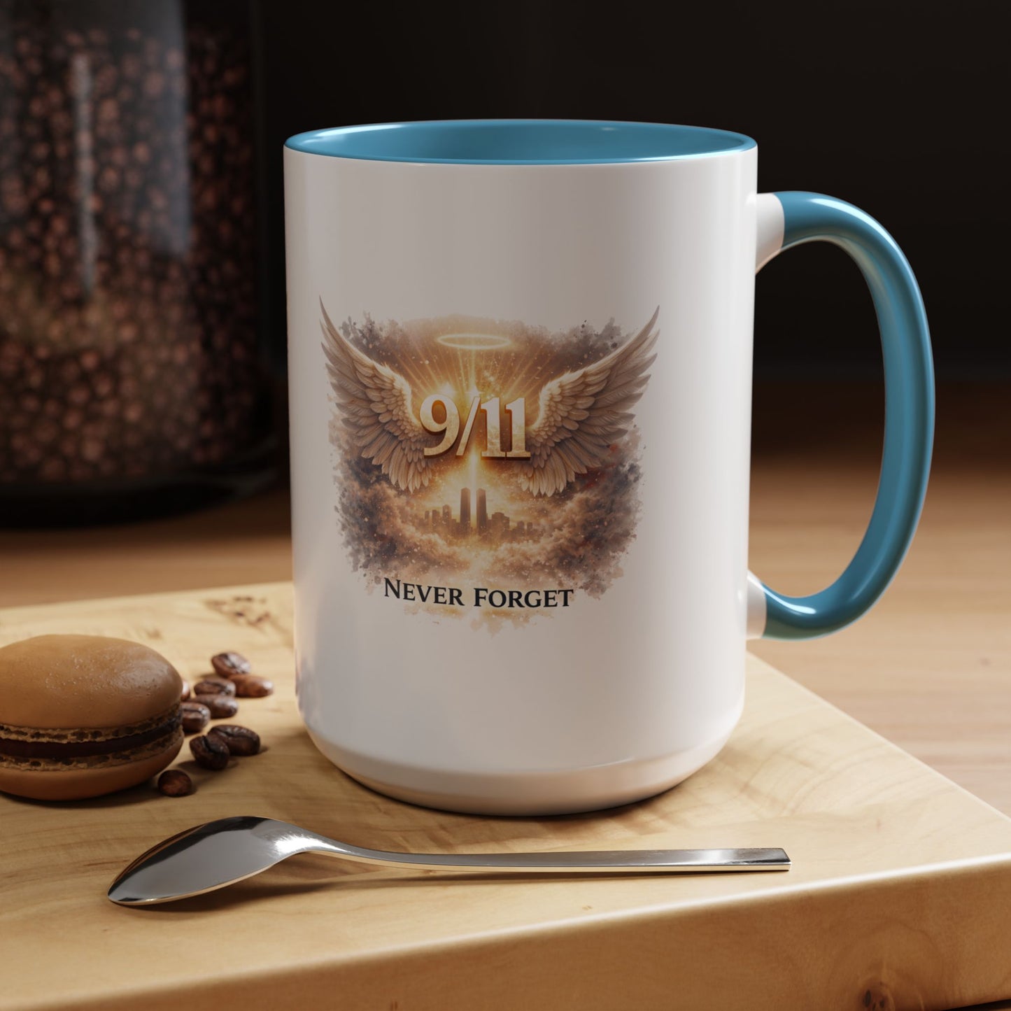 9/11 Never Forget Accent Coffee Mug — Memorial Tribute Ceramic Mug