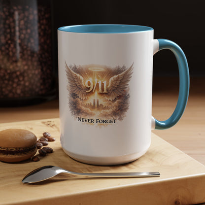 9/11 Never Forget Accent Coffee Mug — Memorial Tribute Ceramic Mug