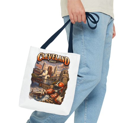 Cleveland Cityscape Tote Bag — Vintage Ohio Skyline & Sports Montage