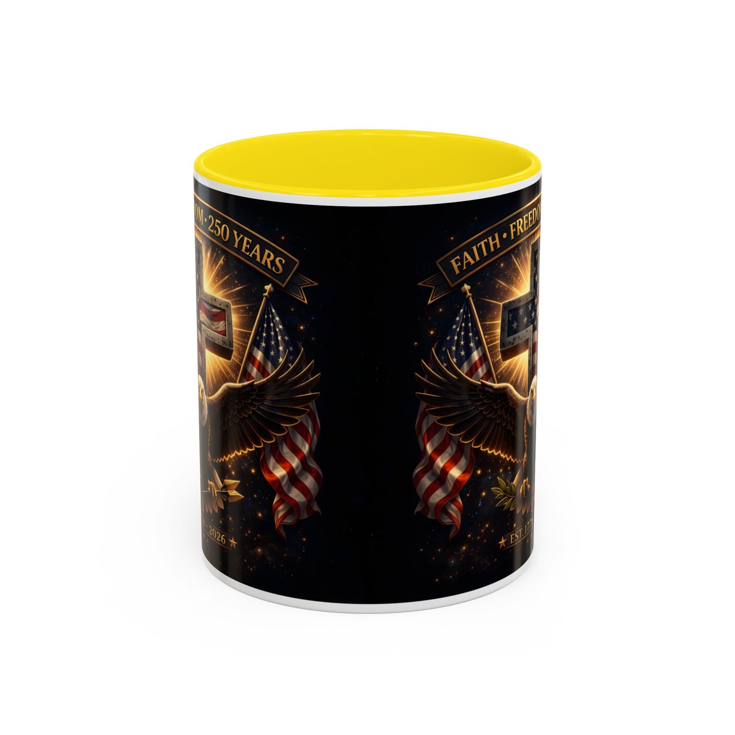Patriotic Faith & Freedom Accent Coffee Mug — Eagle, Cross & American Flag (1776–2026)