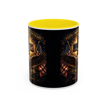 Patriotic Faith & Freedom Accent Coffee Mug — Eagle, Cross & American Flag (1776–2026)