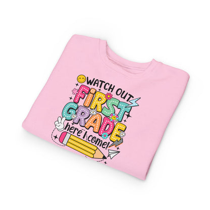 First Grade Sweatshirt - "Watch Out First Grade Here I Come" Toddler Back-to-School Pullover