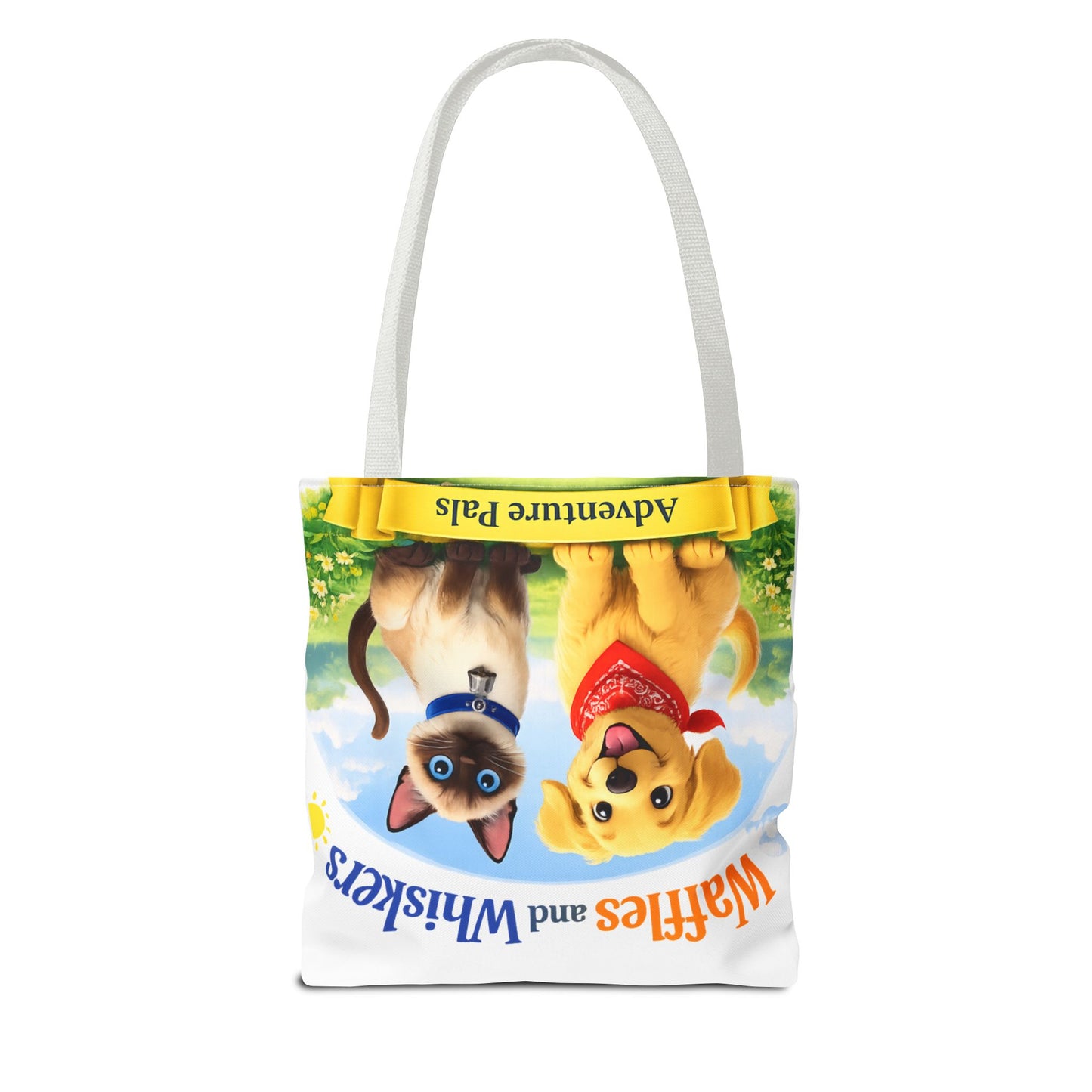 Waffles & Whiskers Adventure Pals Tote Bag — Cute Puppy and Kitten Kids Book Design