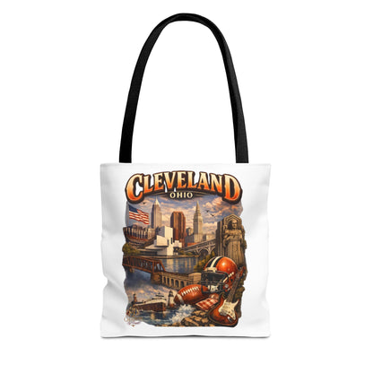 Cleveland Cityscape Tote Bag — Vintage Ohio Skyline & Sports Montage