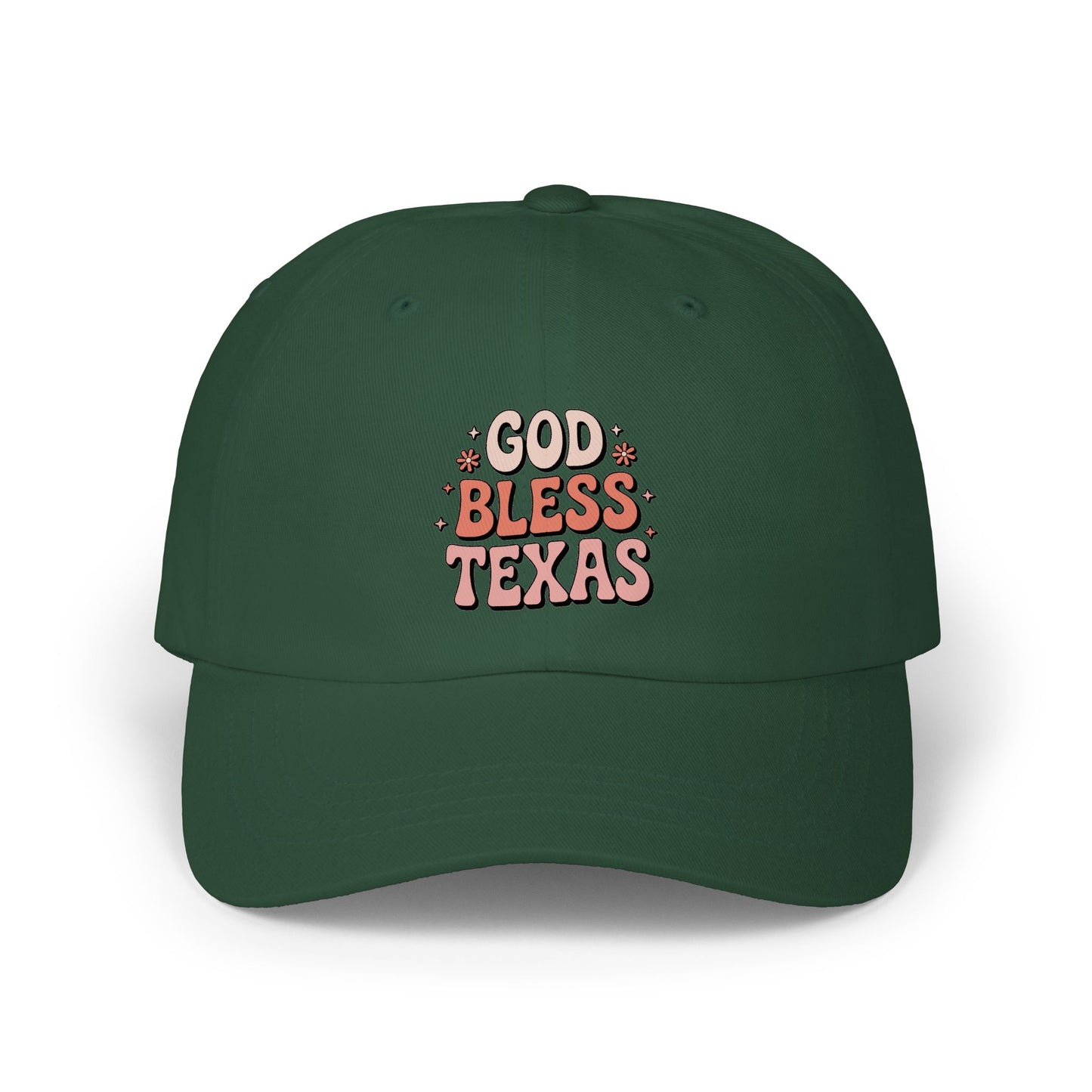 God Bless Texas Dad Cap — Retro Script Embroidered Baseball Hat