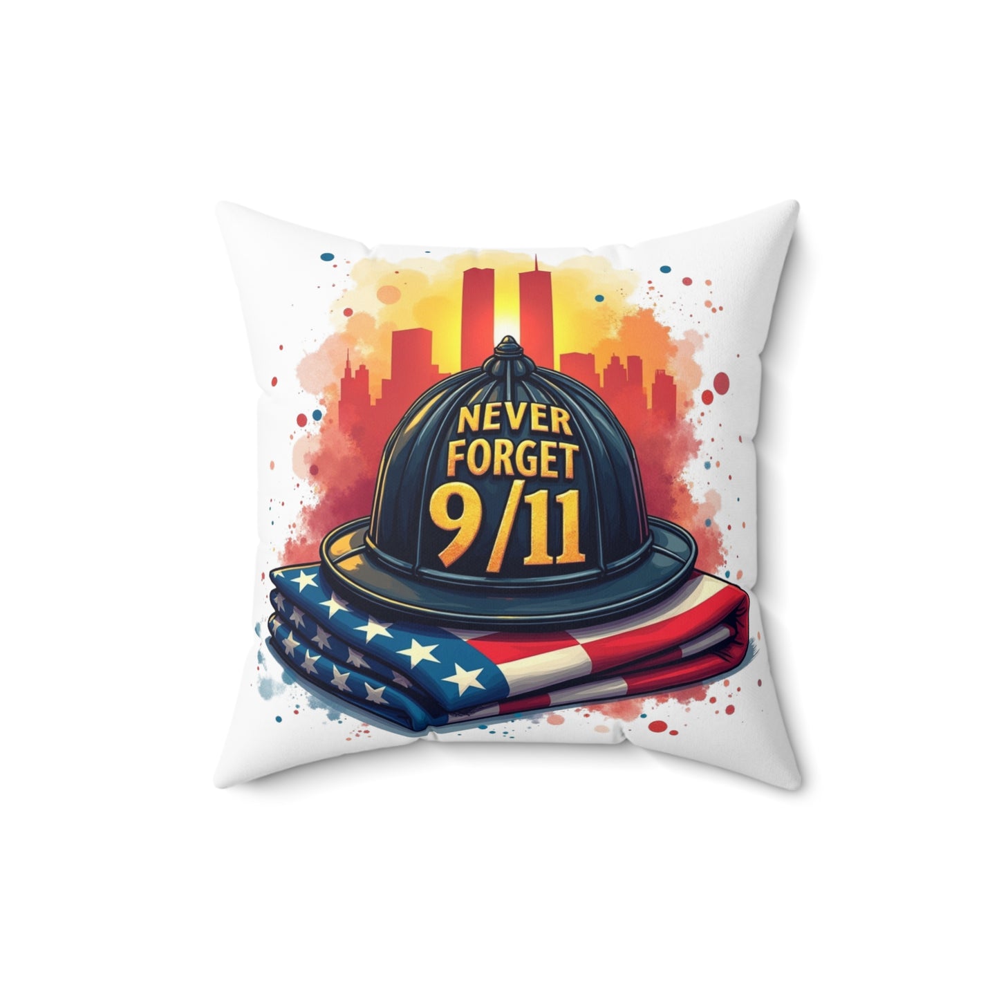 Never Forget 9/11 Memorial Throw Pillow — Firefighter Helmet & American Flag