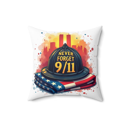 Never Forget 9/11 Memorial Throw Pillow — Firefighter Helmet & American Flag