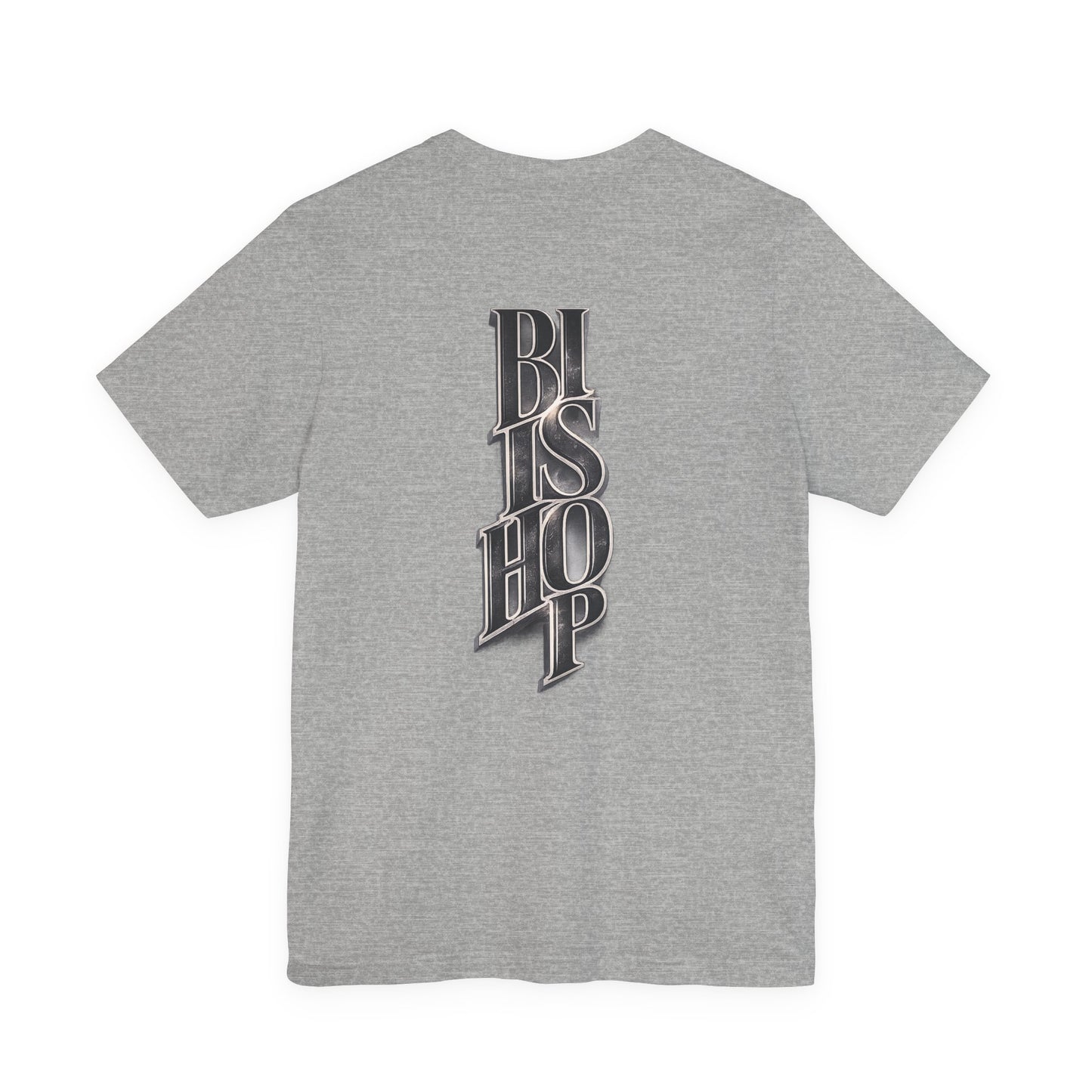 Bishop Vertical Script Tee — Vintage Gothic Lettering T-Shirt