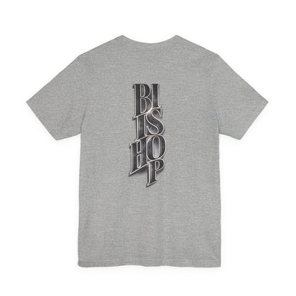 Bishop Vertical Script Tee — Vintage Gothic Lettering T-Shirt