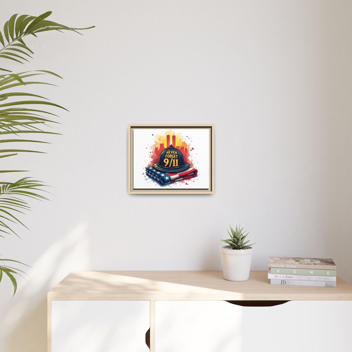 Never Forget 9/11 Framed Canvas Print — Firefighter Helmet & American Flag Memorial Art