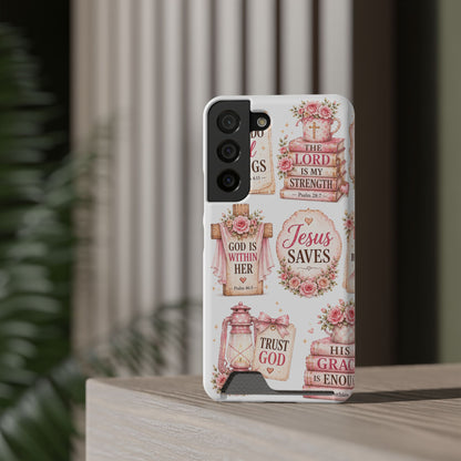 Christian Floral Phone Case with Card Holder — 'Jesus Saves' Inspirational Design