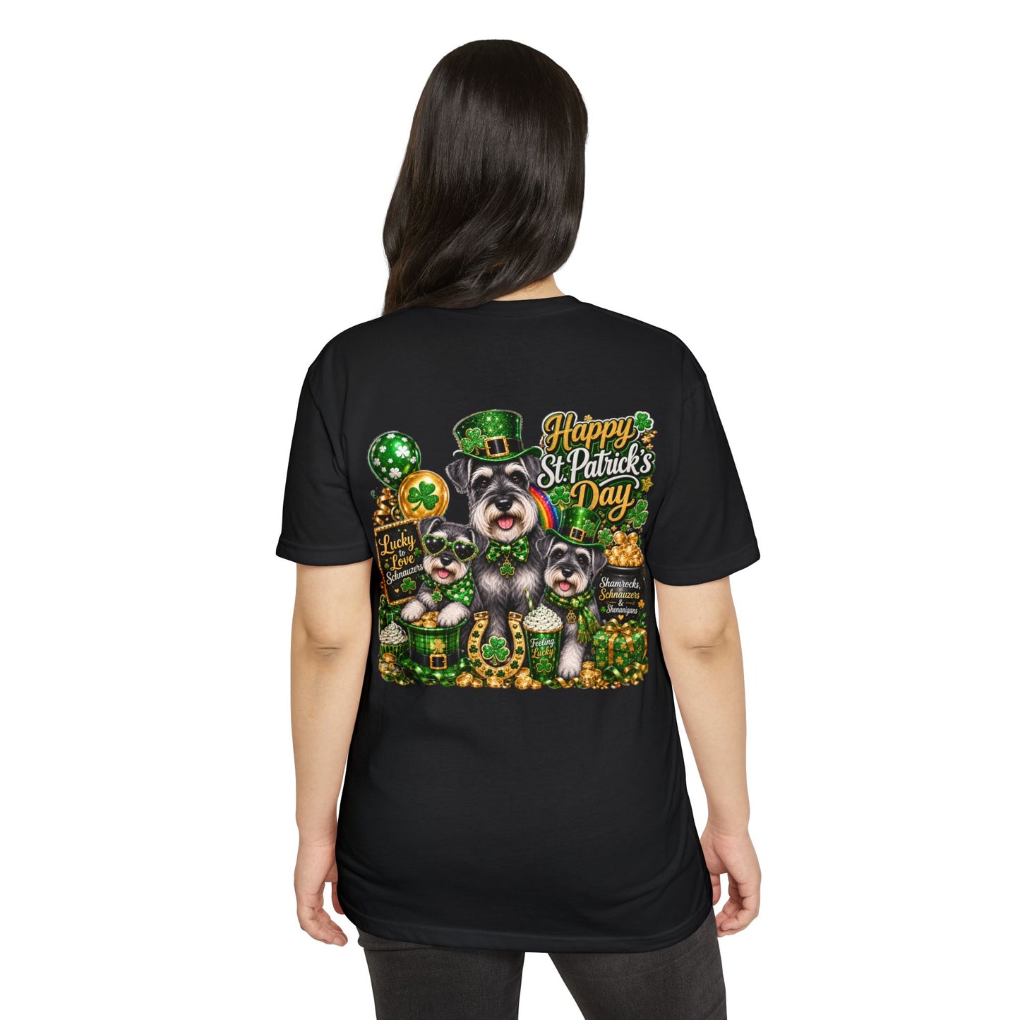 St. Patrick's Day Schnauzer T-Shirt — "Happy St. Patrick's Day" Lucky Dogs Tee