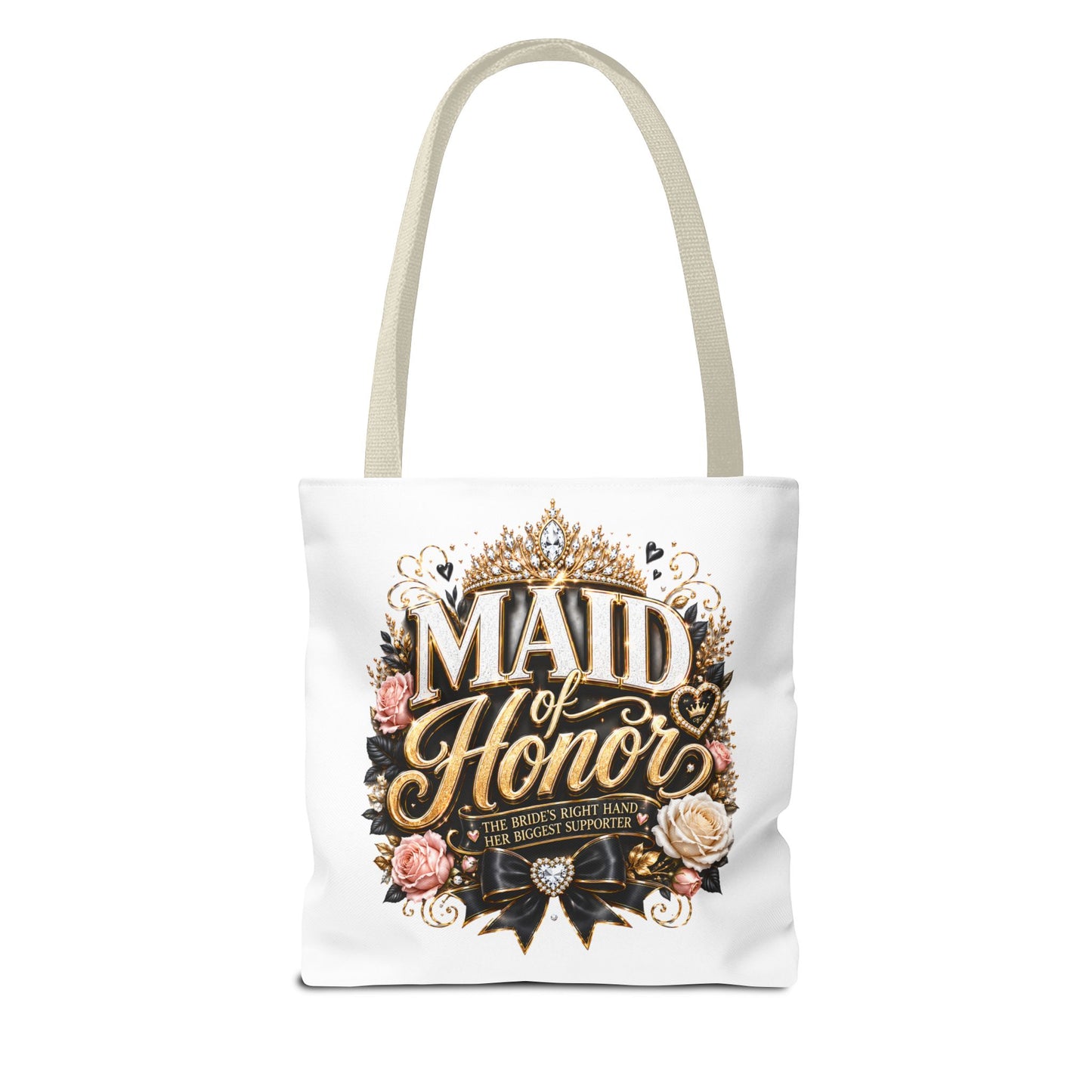 Maid of Honor Tote Bag — Elegant Bridal Party Gift with Gold Crown Floral Design