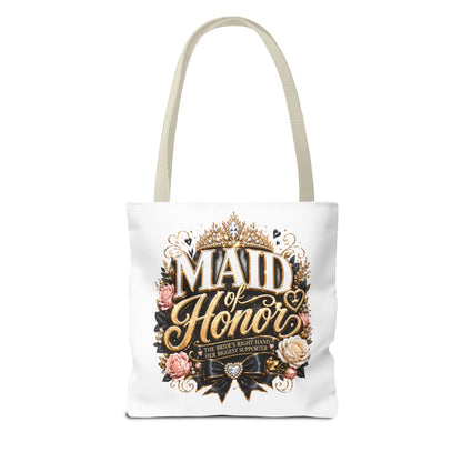 Maid of Honor Tote Bag — Elegant Bridal Party Gift with Gold Crown Floral Design