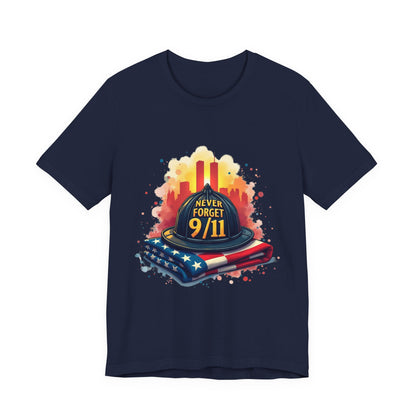 Never Forget 9/11 Memorial T-Shirt — Firefighter Helmet & Flag Tribute Tee