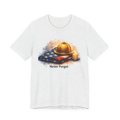 Never Forget Memorial T‑Shirt — Firefighter Helmet & Flag Tribute