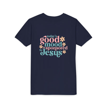 Youth Tee – "Today's Good Mood is Sponsored by Jesus" Retro Floral Christian Shirt