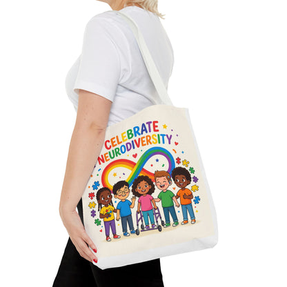 Celebrate Neurodiversity Tote Bag — Rainbow Infinity Symbol with Diverse Kids
