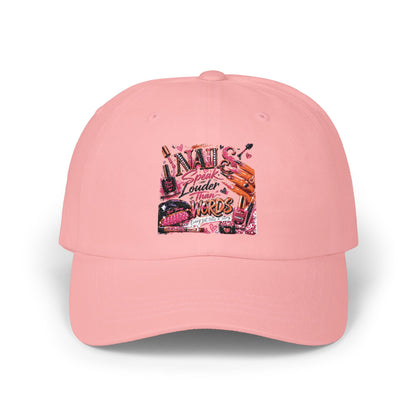 Emo Retro Graphic Dad Cap – "Louder Than Words" Pink Collage Hat