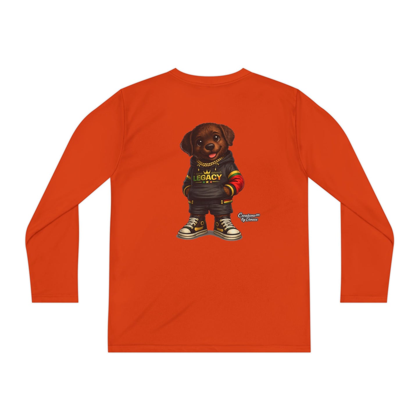 Kids Long Sleeve Tee — Brown Puppy Wearing 'Legacy' Hoodie Graphic