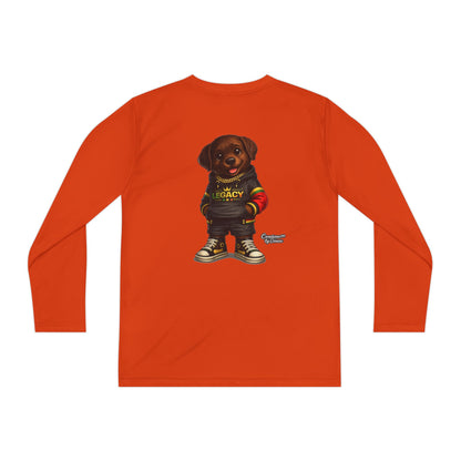 Kids Long Sleeve Tee — Brown Puppy Wearing 'Legacy' Hoodie Graphic