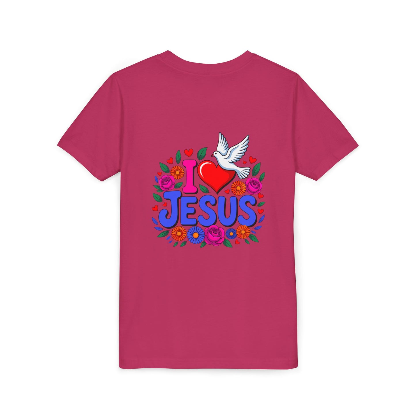 Youth Tee — "I  Jesus" Colorful Dove & Floral Christian Shirt