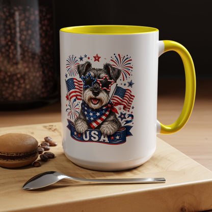 Patriotic Schnauzer Coffee Mug – USA Flag, Fireworks Accent Mug (11/15oz)